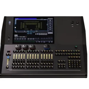 EMPOWERER UNI4 front view - large black lighting control console, screen, faders, buttons, knobs, trackball