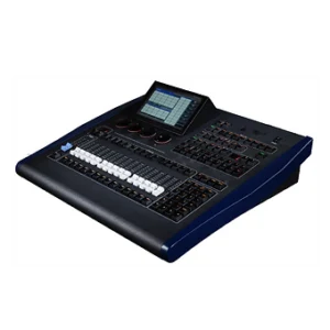 EMPOWERER MINI2 three-quarter view - black lighting console, tilted screen, faders, buttons, encoders, blue trim